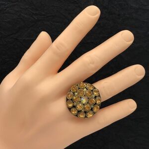 Topaz Color Large Round Rhinestone Gold Tone Cocktail Stretch Ring